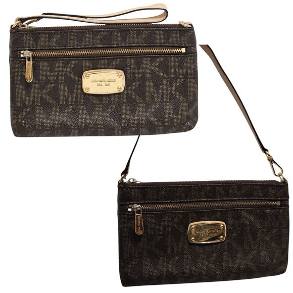 Michael Kors Signature Monogram Convertible Brown Wristlet Mini Shoulder Bag Vtg - Picture 1 of 8